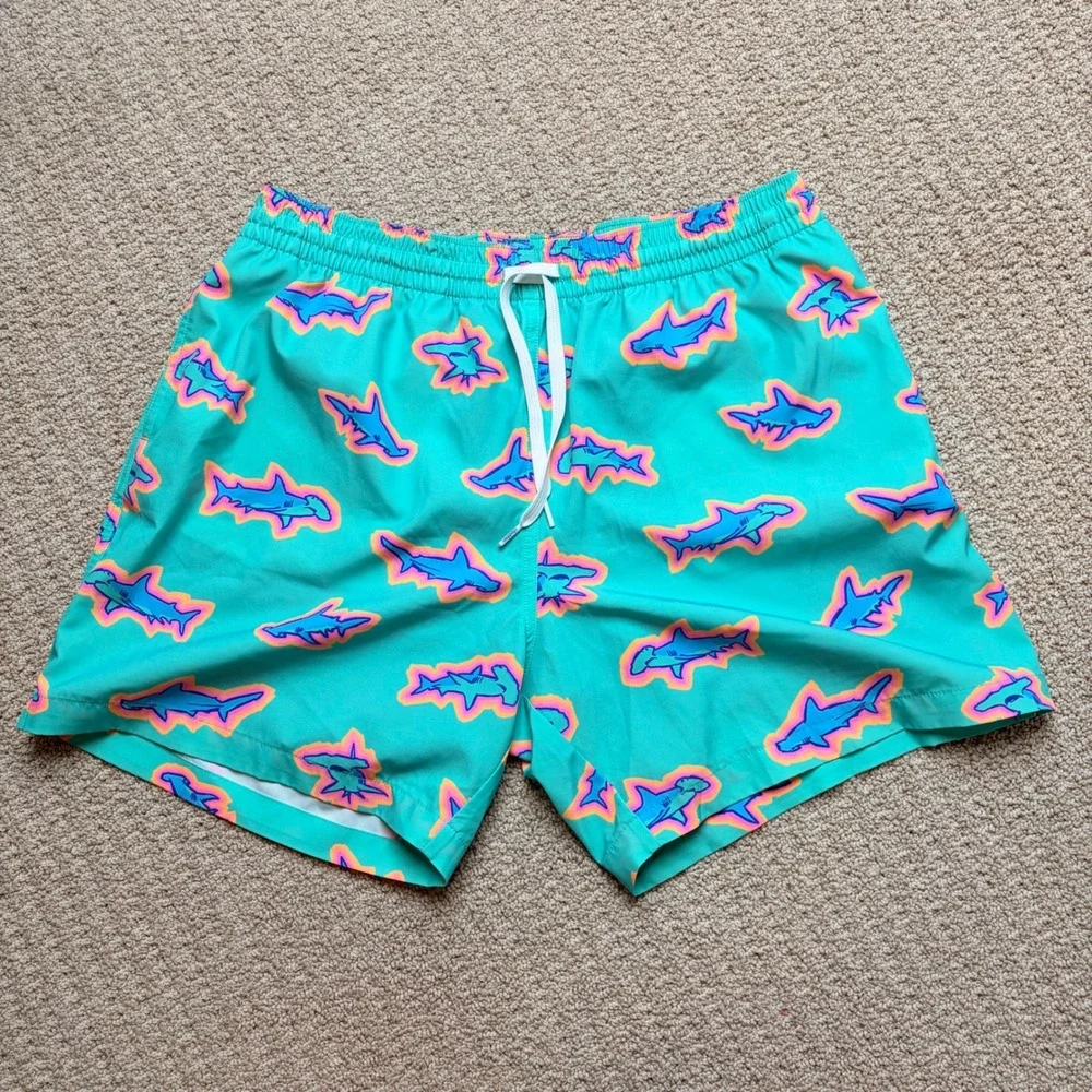 Chubbies Mens XL Swim Trunks Teal Neon Shark Print Compression Liner 5.5 Inseam